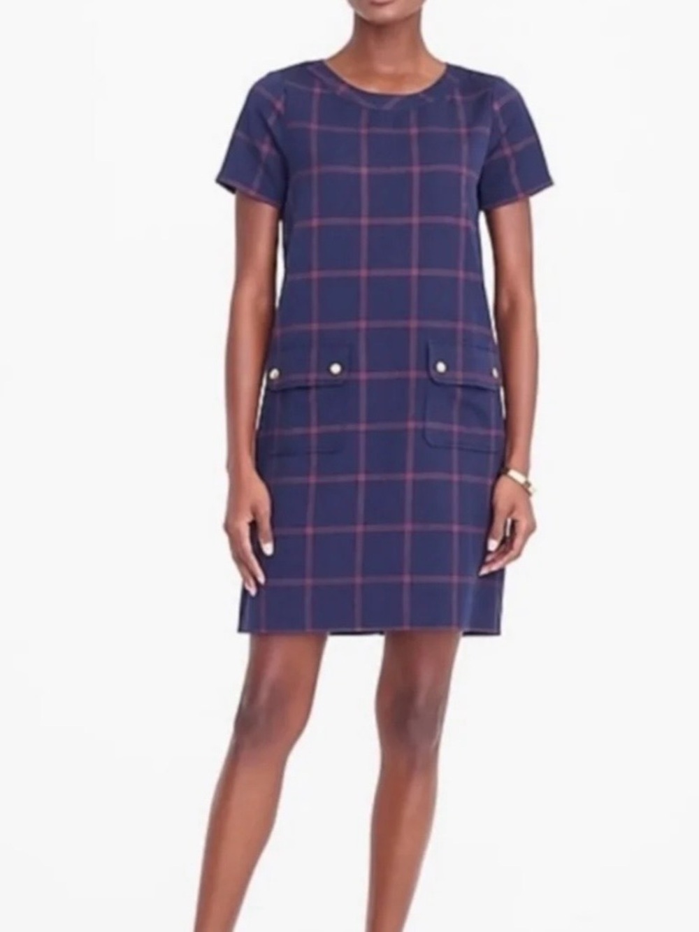 J. Crew Factory Navy Window Pane Shift Dress With Front Pockets   size 6